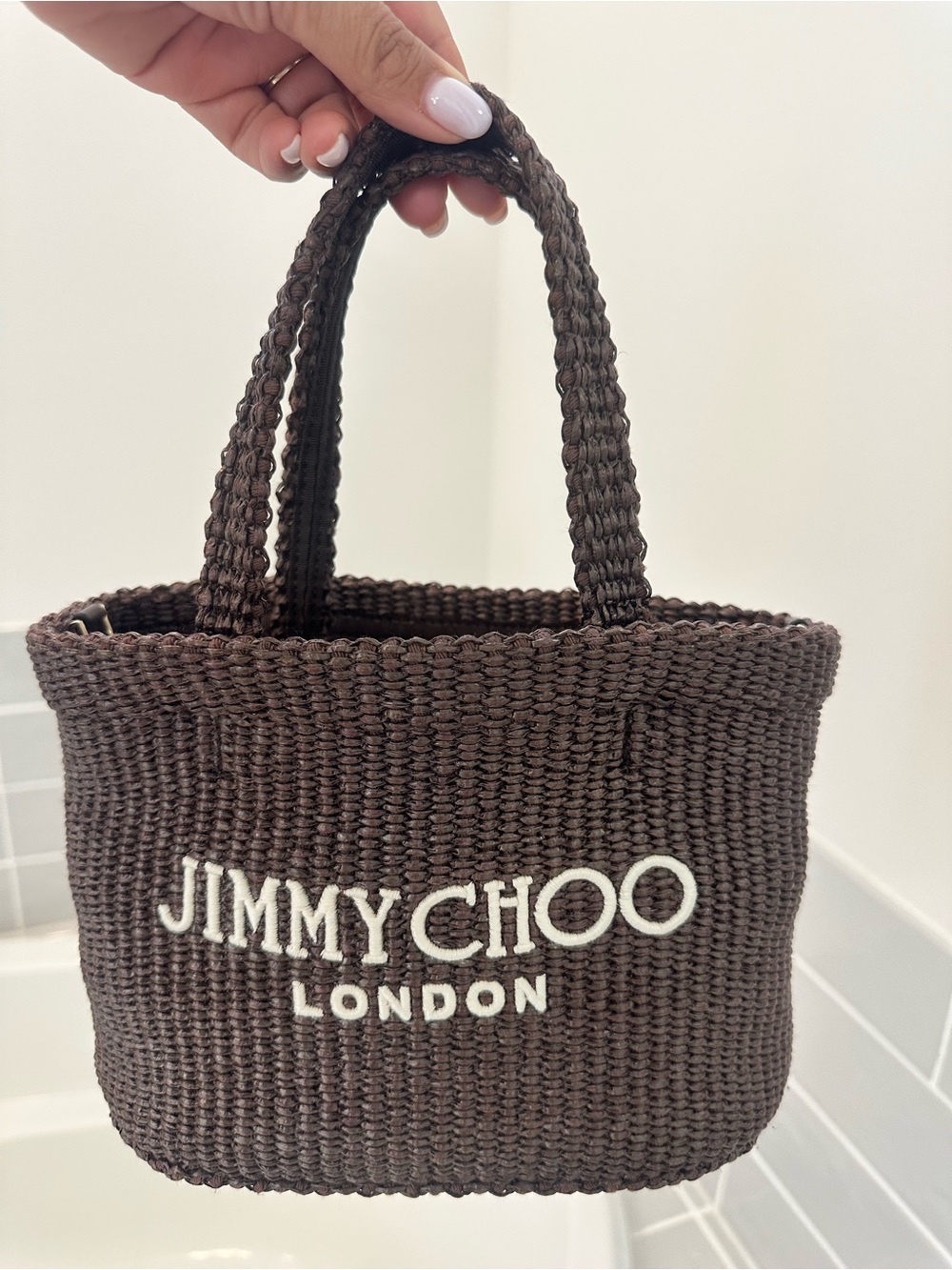 Jimmy Choo Brown Woven Tote with White Logo